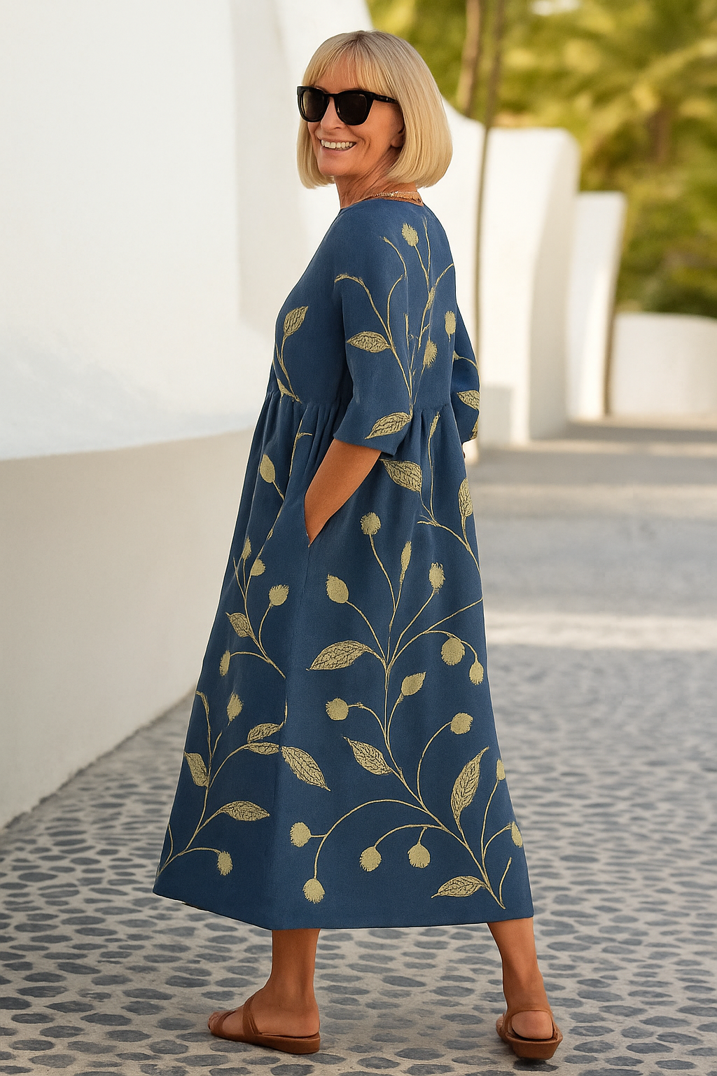 Jasmine™ | Elegant Linen Floral Midi Dress