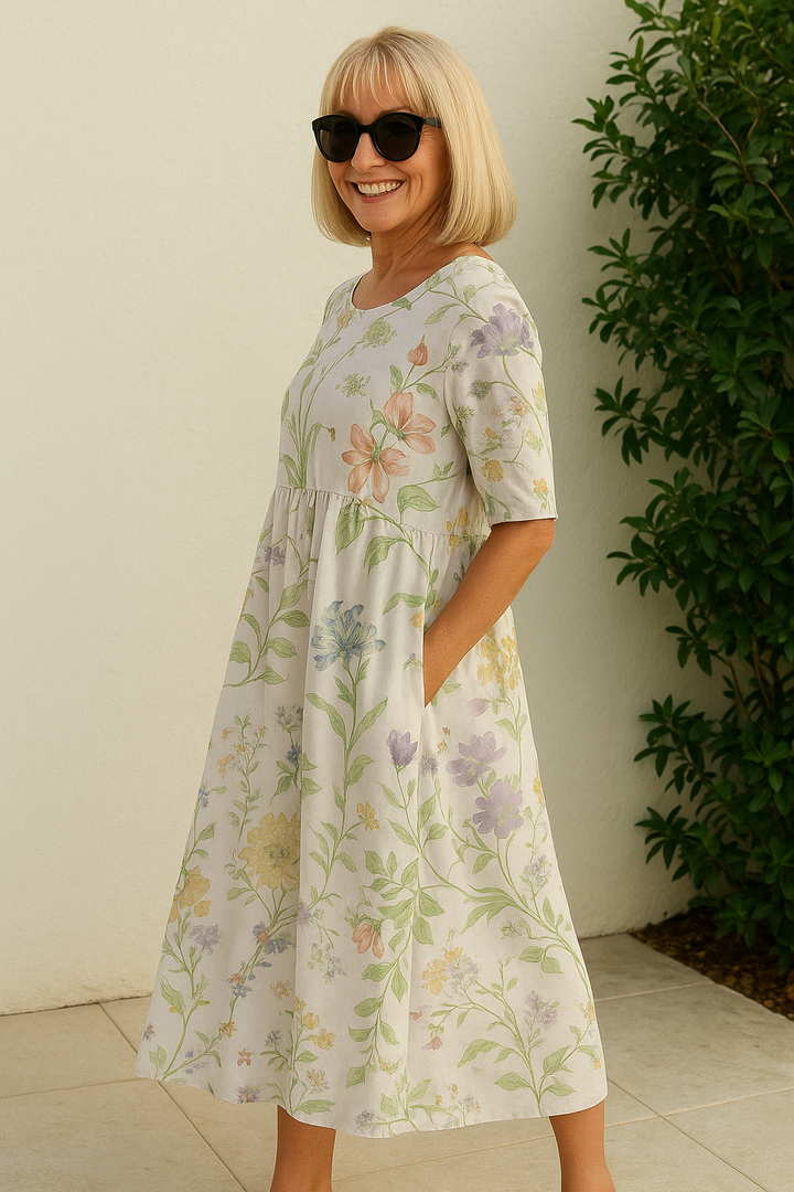 Jasmine™ | Elegant Linen Floral Midi Dress