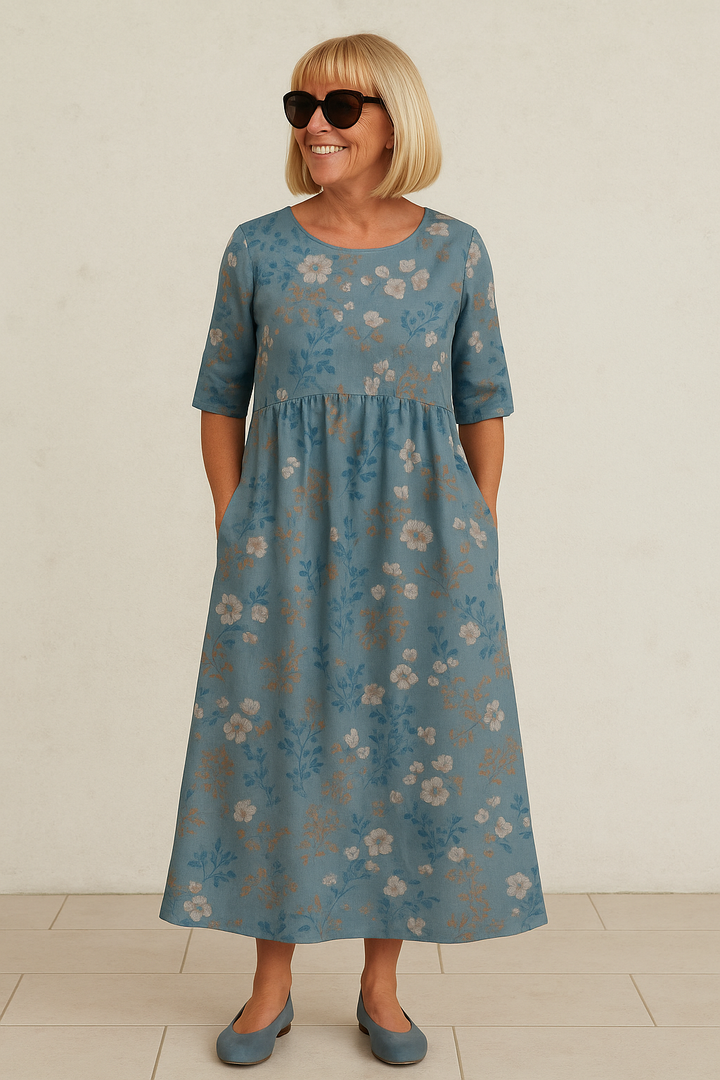 Jasmine™ | Elegant Linen Floral Midi Dress
