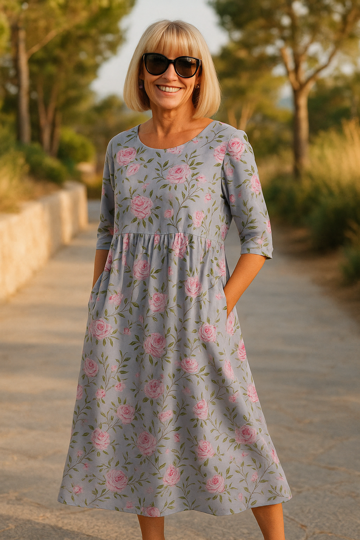Jasmine™ | Elegant Linen Floral Midi Dress