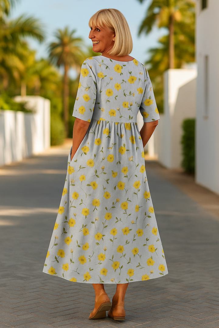 Jasmine™ | Elegant Linen Floral Midi Dress